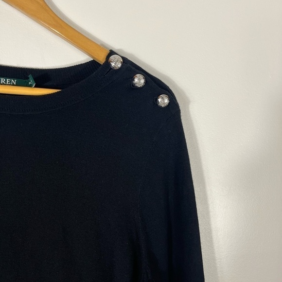 LAUREN Ralph Lauren Top Tunic Style Black/White 3 Silver Buttons Petite Large - Picture 4 of 9